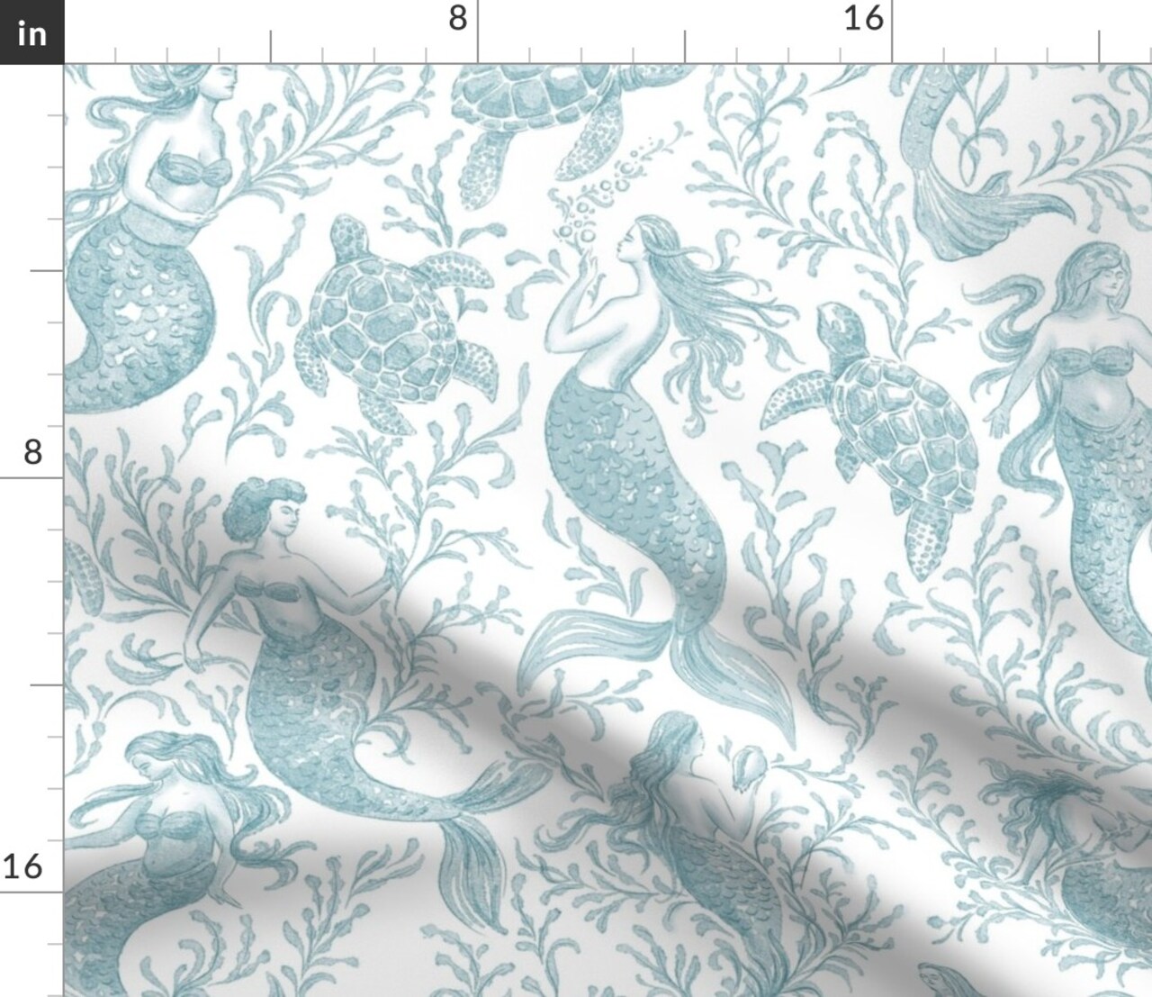 Underwater Ocean Nautical Summer Sea Turtles Mermaids Seafoam Coastal Toile De Jouy Custom Printed Fabric by Spoonflower Various Fabrics by the Yard or Fat Quarter